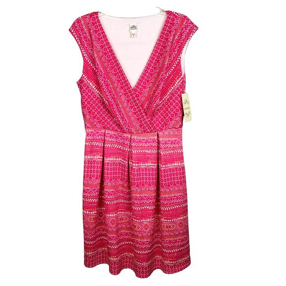 NWT Sangria Signature Pink Multicolor Pattern Fit &Flare V Neck Dress Womens 12 - Picture 1 of 12